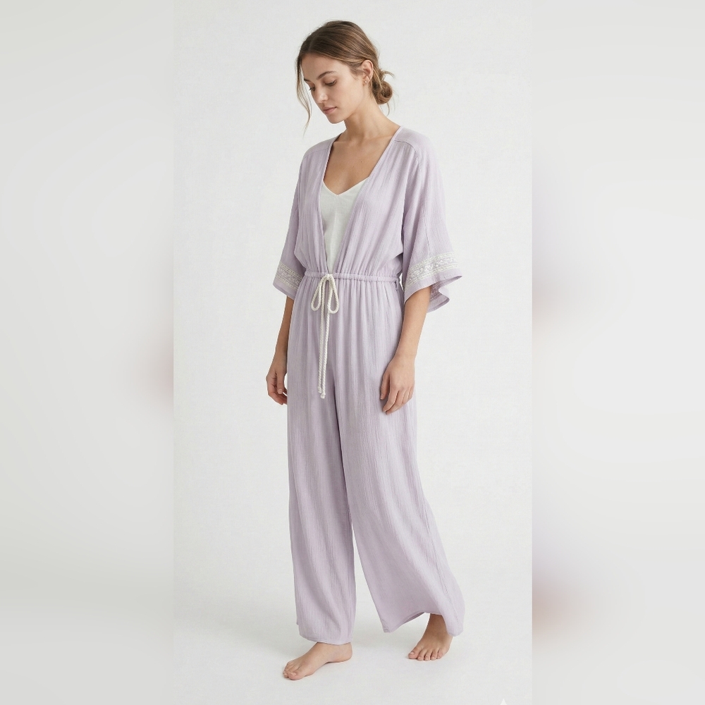 Caren Forbes Lavender Floral Jumpsuit Coquette Crop Wide Leg Bohemian L